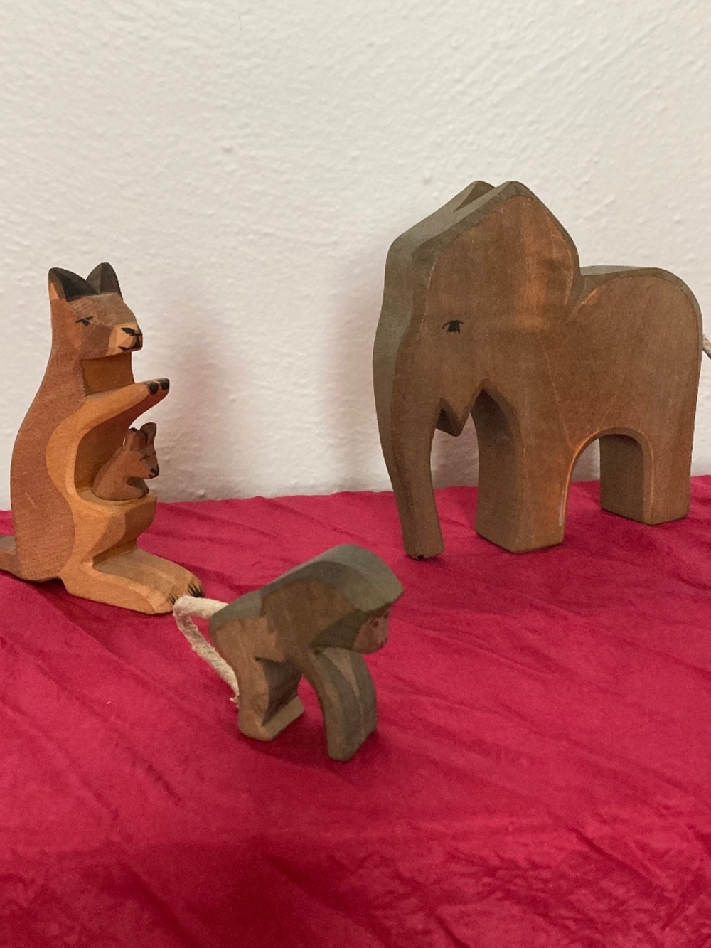 Ostheimer vintage German carved wooden animal set Elephant, Kangaroo, Monkey 3pc